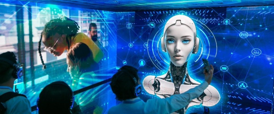 imagen diseñada con perosnas frente a un holograma