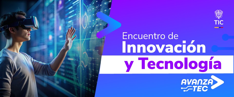 Imagen diseñada con un joven con gafas de realidad virtual en un fondo futurista junto al texto 'Encuentro de Innovación y Tecnología'