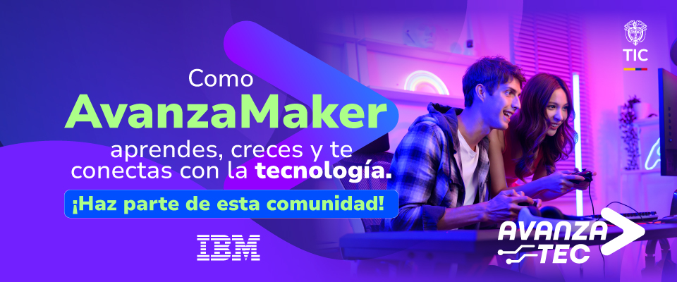 Imagen diseñada invitando a inscribirse en AvanzaMaker, muestra a dos jovenes jugando videojuegos